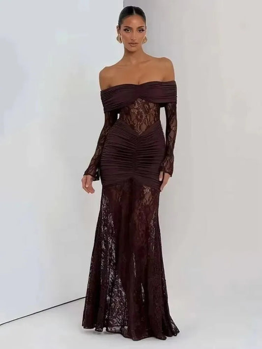 Valentina – Off-Shoulder Ruched Lace Evening Gown