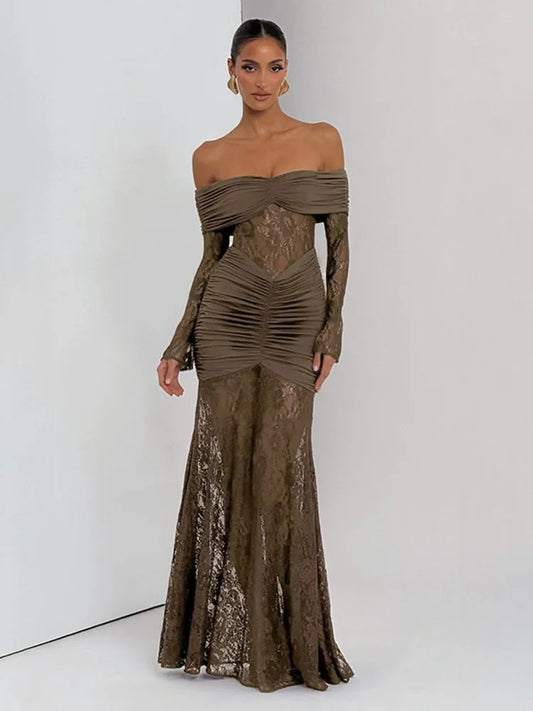 Valentina – Off-Shoulder Ruched Lace Evening Gown